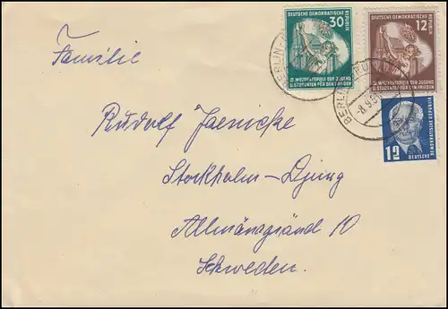 289+291 Weltfestspiele 12+30 Pf. mit 251 Pieck 12 Pf. Brief BERLIN-GRÜNAU 8.9.51