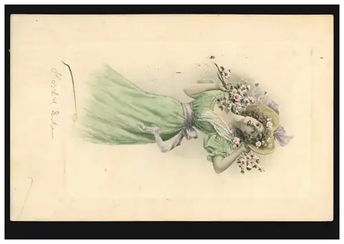 Künstler-AK Prägekarte Mädchen in grünem Kleid, NÜRNBERG 19.7.1907