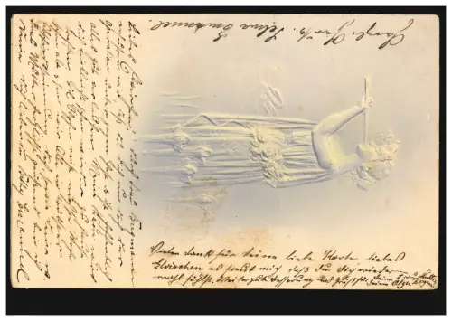 Künstler-AK Prägekarte Nymphe mit Panflöte, OBRIGHEIM Pfalz 17.7.1903