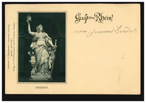 AK Gruss vom Rhein: Germania, NIEDERWALD 19.5.1904 nach DARMSTADT 20.5.04