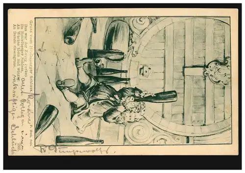 AK Gruss du château de Heidelberg: Nains Perkeo dans la cave à vin, 10.11.1904