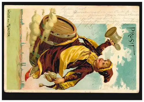 AK Gruss de Munich: Les jeunes chevauchent sur un tonneau de bière, selon UNNA 9.10.1900