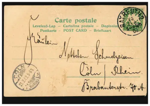 Carte d'artiste AK femme avec chat, BAYREUTH 20.2.1902 selon CÖLN 21.2.02