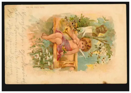 Künstler-AK Prägekarte Sitzender Engel mit Trompete, SANKT TÖNIS 15.12.1905