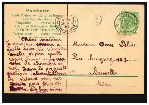 AK Carte de l'artiste Portrait de la femme Veilchengirlande, selon BRUXELLES 28.8.1911