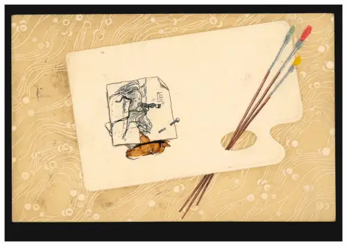 Künstler-AK Prägekarte Pinsel Palette Pferd im Schritt, PARIS 5.1.07 nach ZÜRICH