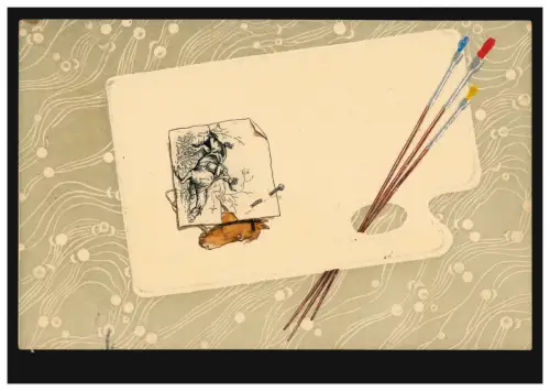 Künstler-AK Prägekarte Pinsel Palette Pferd im Sturz, PARIS 5.1.1907 nach Zürich