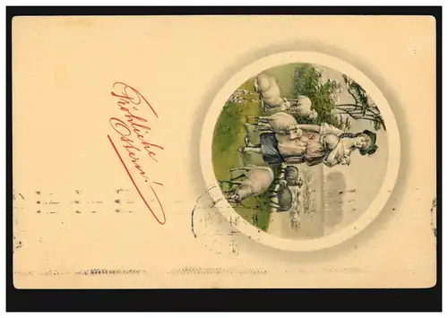 Künstler-AK Prägekarte Ostern Schäferin Schafe Osterlamm, HANNOVER 15.4.1911