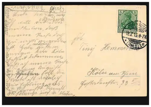 Künstler-AK Prägekarte Biedermeier-Mode Frau mit Hut, OBERHAUSEN 18.7.1915