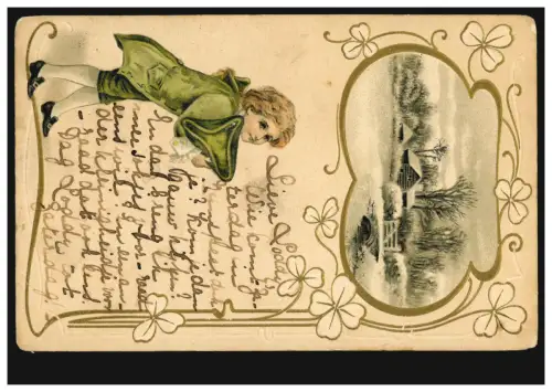 Künstler-AK Prägekarte Dorflandschaft Junge mit Hut, gelaufen 1903