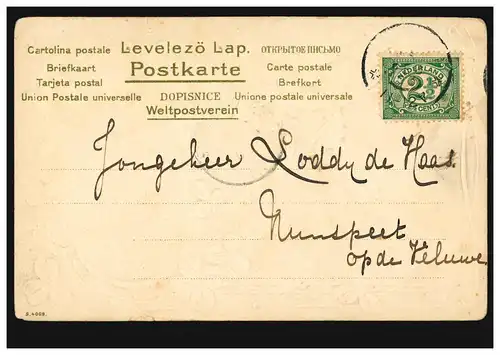 Künstler-AK Prägekarte Dorflandschaft Junge mit Hut, gelaufen 1903