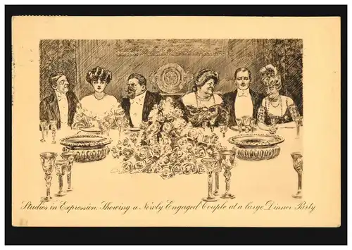 Künstler-AK Prägekarte Humor: Verlobte bei der Dinner Party, MÜNCHEN 14.1.1910