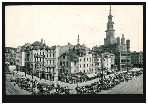 AK Poznan: Vieux marché et hôtel de ville, 25.8.18 avec censure CREFELD P.K.