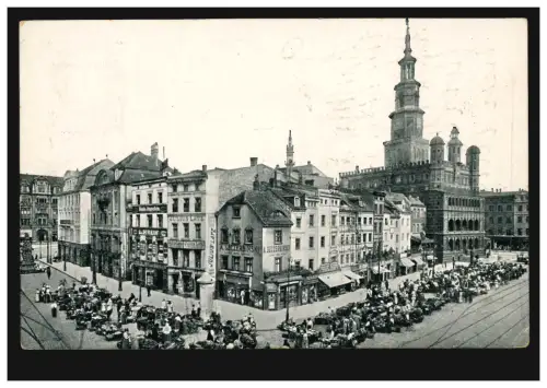 AK Poznan: Vieux marché et hôtel de ville, 25.8.18 avec censure CREFELD P.K.