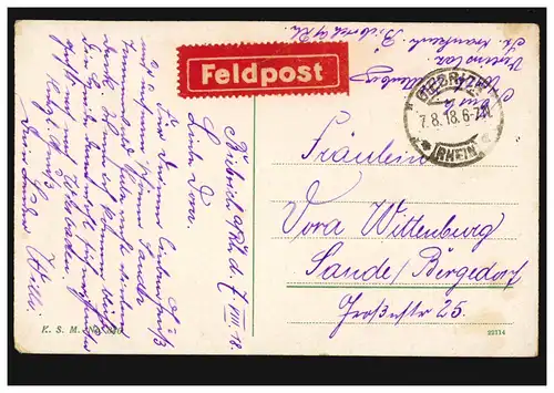 AK Rüdesheim: Total, carte postale de champ BIEBRICH 7.8.1918 autocollant de champs rouges