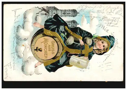 AK Gruss de Munich: Filles sur tonneau de bière, radis et cruche de la bière 8.3.1911