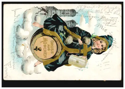 AK Gruss de Munich: Filles sur tonneau de bière, radis et cruche de la bière 8.3.1911