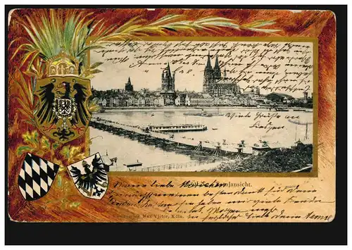 AK Köln: Totalansicht mit Wappen im Rahmen, CÖLN 19.4.1902 nach DÜSSELDORF