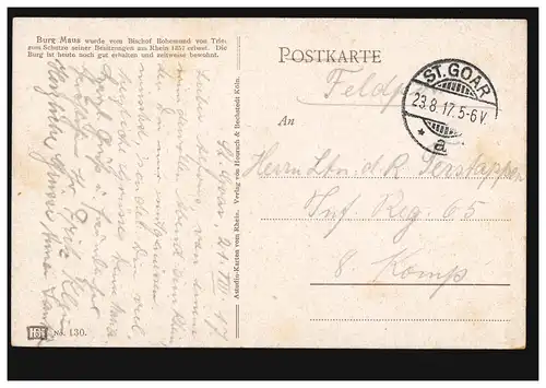 AK Burg Souris, carte postale de champ St. GOAR 23.8.1917