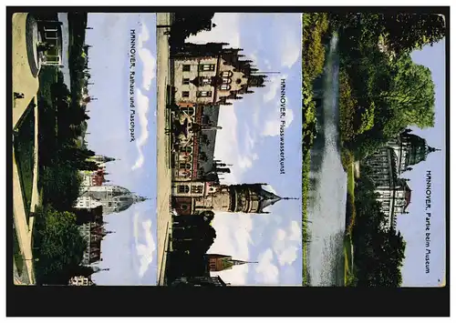 AK Hannover: 3 Bilder - Museum, Flusswasserkunst, Rathaus, Feldpostkarte 17.7.15