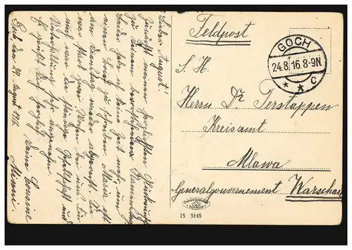 AK Goch: Parti des Niers, carte postale 24.8.1916