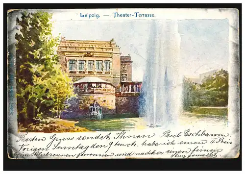 AK Leipzig: Theater-Terrasse, 22.10.1898 über BARMEN 23.10. nach BONN 23.10.