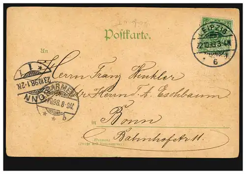 AK Leipzig: Theater-Terrasse, 22.10.1898 über BARMEN 23.10. nach BONN 23.10.