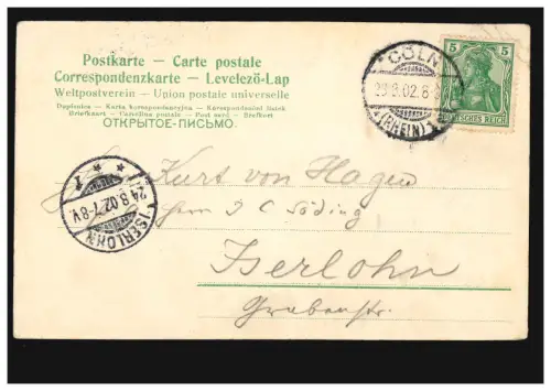 AK Cologne: Dom Westgeite, CÖLN (RHEIN) 23.8.1902 vers ISEROLHN 24.8.02