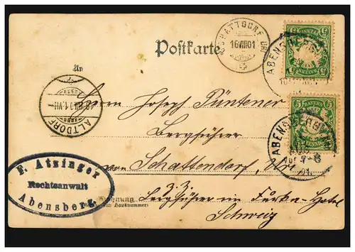 AK Zwei Bergsteiger, ABENSBERG 14.8.1901 über SCHATTENDORF nach ALTDORF 18.8.01