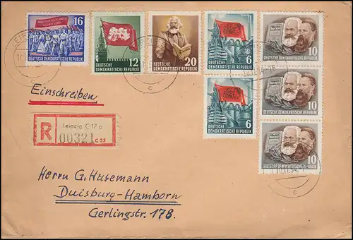 344-348 Karl Marx Mischfrankatur R-Brief LEIPZIG 10.11.54 nach Duisburg-Hamborn
