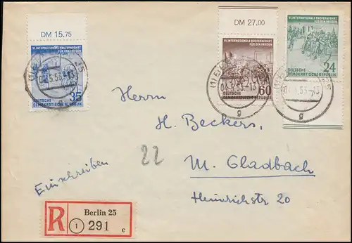 355-357 Radfernfahrt Friedensfahrt 1953 mit 357II auf R-Brief BERLIN 25 - 4.5.53