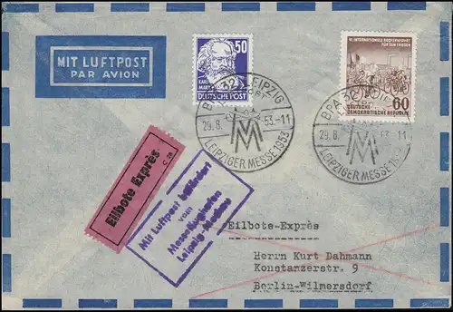 Messe-Sonderflug Messe-Flughafen Leipzig Moskau Eil-Lp-Brief SSt LEIPZIG 29.8.53