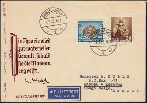 348+353 Karl Marx 20+84 Pfennig auf Schmuck-FDC ET-O SONDERSHAUSEN 14.3.53