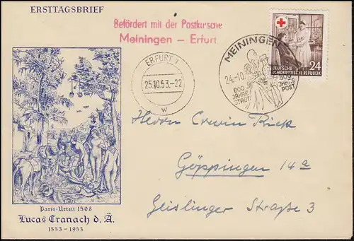 DDR Postkutschen-Post Meiningen-Erfurt Schmuck-Brief SSt MEININGEN 24.10.1953