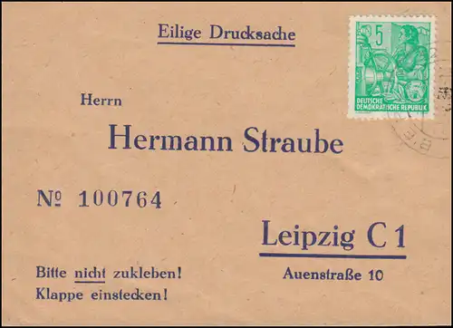 406 Fünfjahrplan 5 Pfennig als EF auf Drucksache BERLIN 1.12.54 nach Leipzig