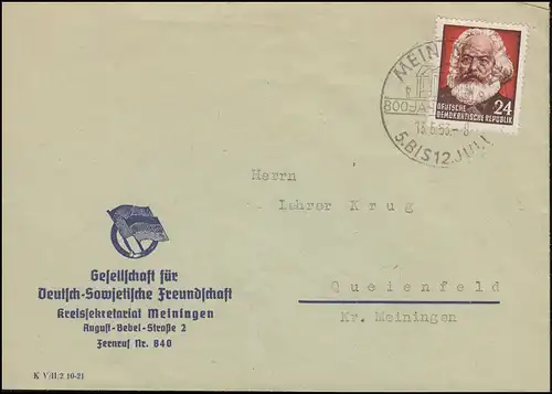 349I Karl Marx 24 Pfennig EF auf Brief SSt MEININGEN 800-Jahr-Feier 13.5.1953