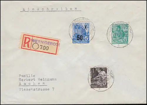 362+415+441 Plan quinquennal 1+25+50 Pf sur lettre R d'urgence-R-Zelette WERNIGERODE 14.2.57