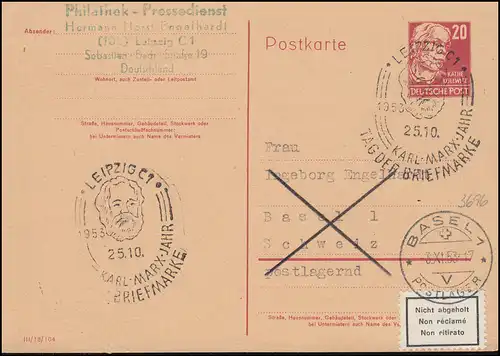 P 44b Kollwitz - seltene Farbe karminrot, SSt LEIPZIG 25.10.53, FA Mayer BPP