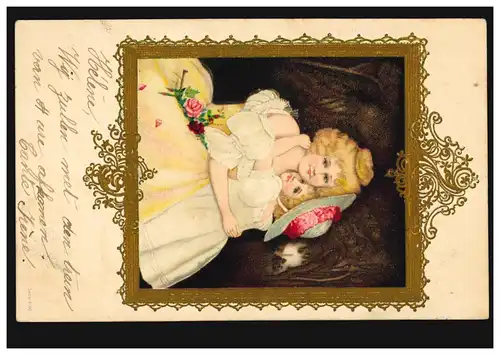 Künstler-AK Passepartout Die Umarmung von Mutter und Tochter, BRÜSSEL 5.9.1904