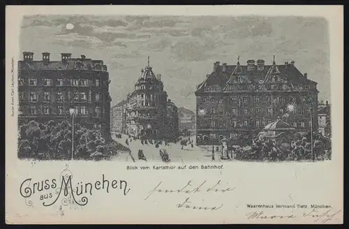 AK Gruss de Munich: Vue de la porte Charles sur la gare, 2.4.99 vers SCHWABACH