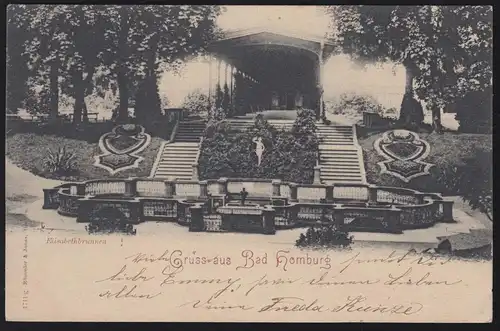 AK Gruss aus Bad Homburg: Elisabethbrunnen, 1899 nach Darmstdt