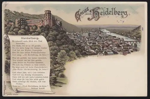 Litho-AK Gruss aus Heidelberg: Panorama Gedicht W. Schüff, um 1900, ungebraucht 