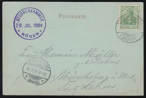 AK Gruss aus Stubbenkammer: Königstuhl, ALTENKIRCHEN 30.7.1904 mit Landpost-O