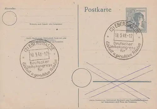 SSt EBERSWALDE Congrès du peuple allemand Paix 18.3.1948 sur carte postale P 962