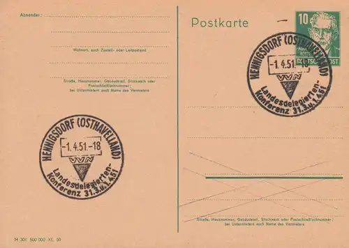 SSt HENNIGSDORF VVN 1.4.51 sur carte postale P 40/01 Bebel DV M 301 500 000 XI. 50