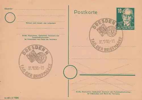 SSt DRESDEN Journée du timbre 31.10.50, Carte postale P 35/05 Bebel DV M 301 Z 7989