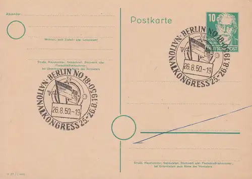 Congrès national SSt BERLIN 26.8.50 sur carte postale P 35/04 Bebel DV M 301 Z 4488