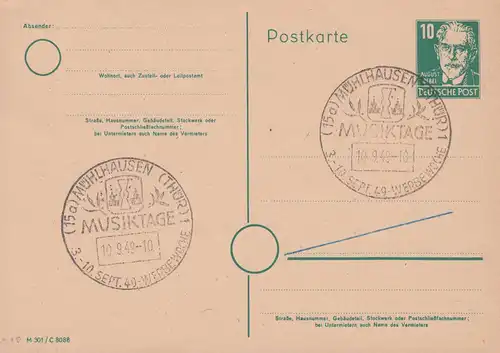 SSt  MÜHLHAUSEN Musiktage 10.9.1949 auf Postkarte P 35/01 Bebel DV M 301 C 8088