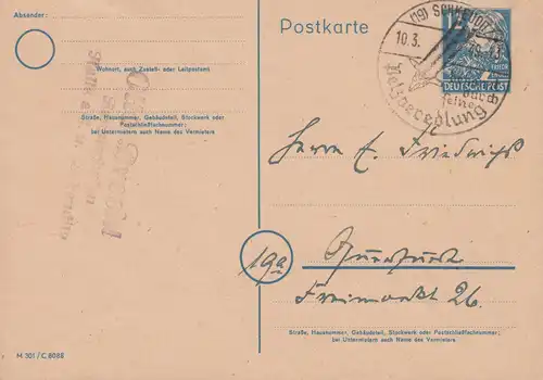 Postkarte P 36a/01 Engels 12 Pf. DV M 301 / C 8088, SSt SCHKEUDITZ Pelze 10.3.53