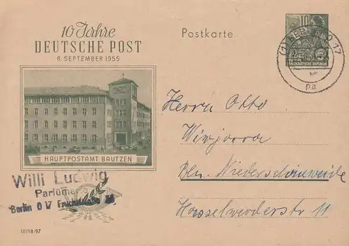 Carte postale P 66 Deutsche Post Hauptpostamt Bautzen, BERLIN O 17 pa 12.10.1955
